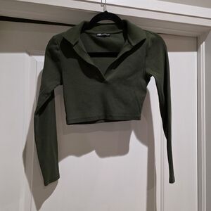 Zara Olive Green Collared Long-Sleeve Crop Top